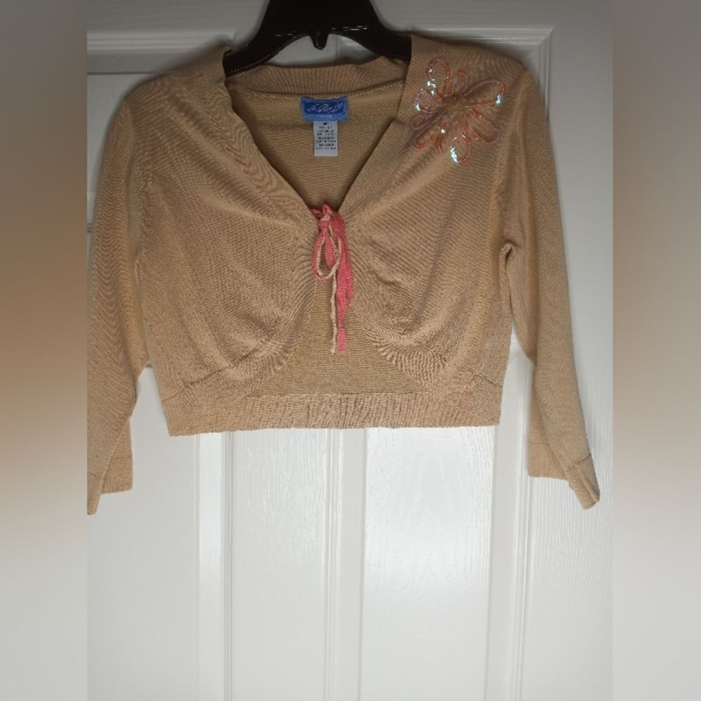 LaRue39 8P SILKBlend BeigeKnit 3/4Sleev CroppedEmbroidery Women's Cardigan